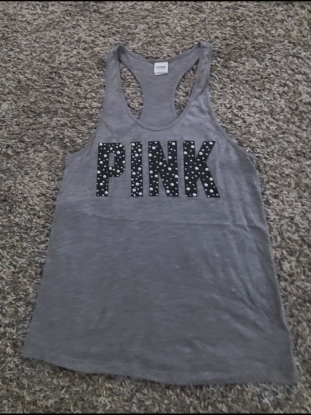 VS PINK Gray Rhinestone Logo Tank Top - Size Small Vintage 2014